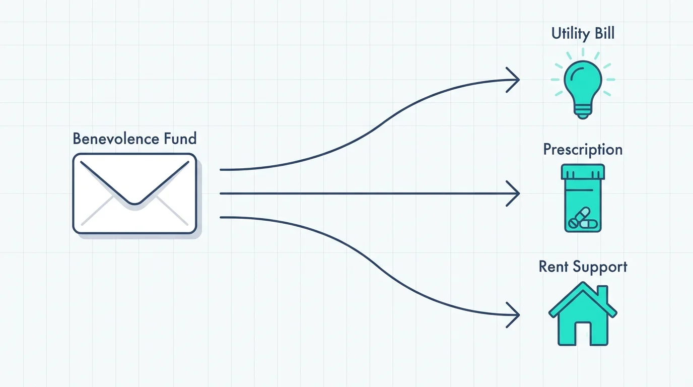 An infographic showing a 'Benevolence Fund' envelope connecting to icons for Utility Bills, Prescriptions, and Rent Support.