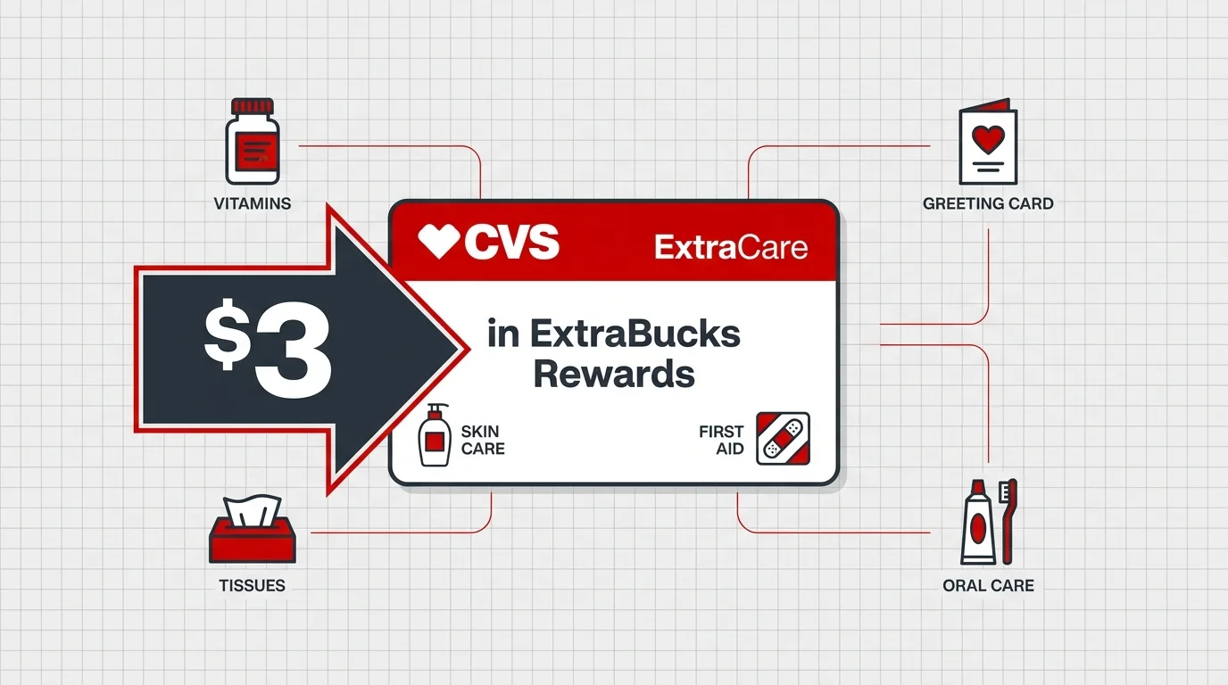 An infographic showing a retail rewards card with a callout for three dollars in free rewards.