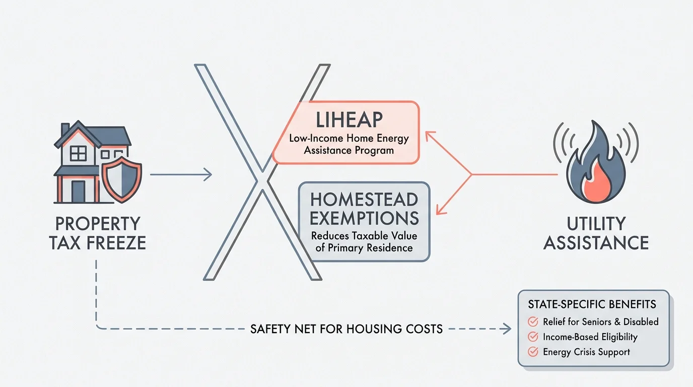 An infographic showing categories of financial aid including property tax freezes and utility assistance programs.
