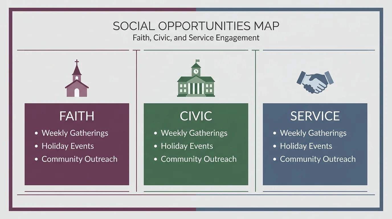 An infographic showing different types of faith-based and civic organizations for seniors.