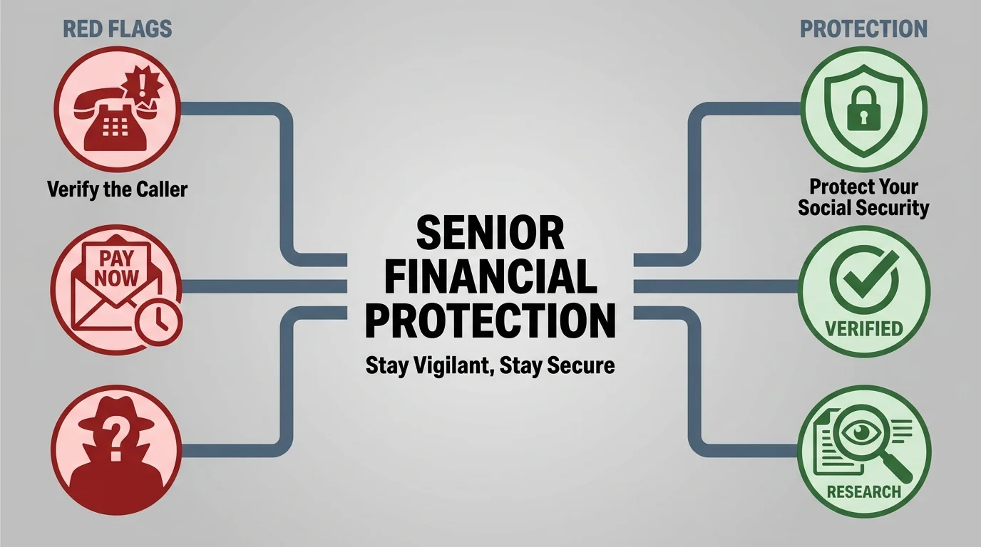 An infographic showing financial scam 'Red Flags' versus 'Protection' steps for seniors.