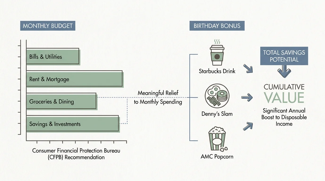 An infographic showing how birthday freebies from Starbucks, Denny's, and AMC can provide financial relief.