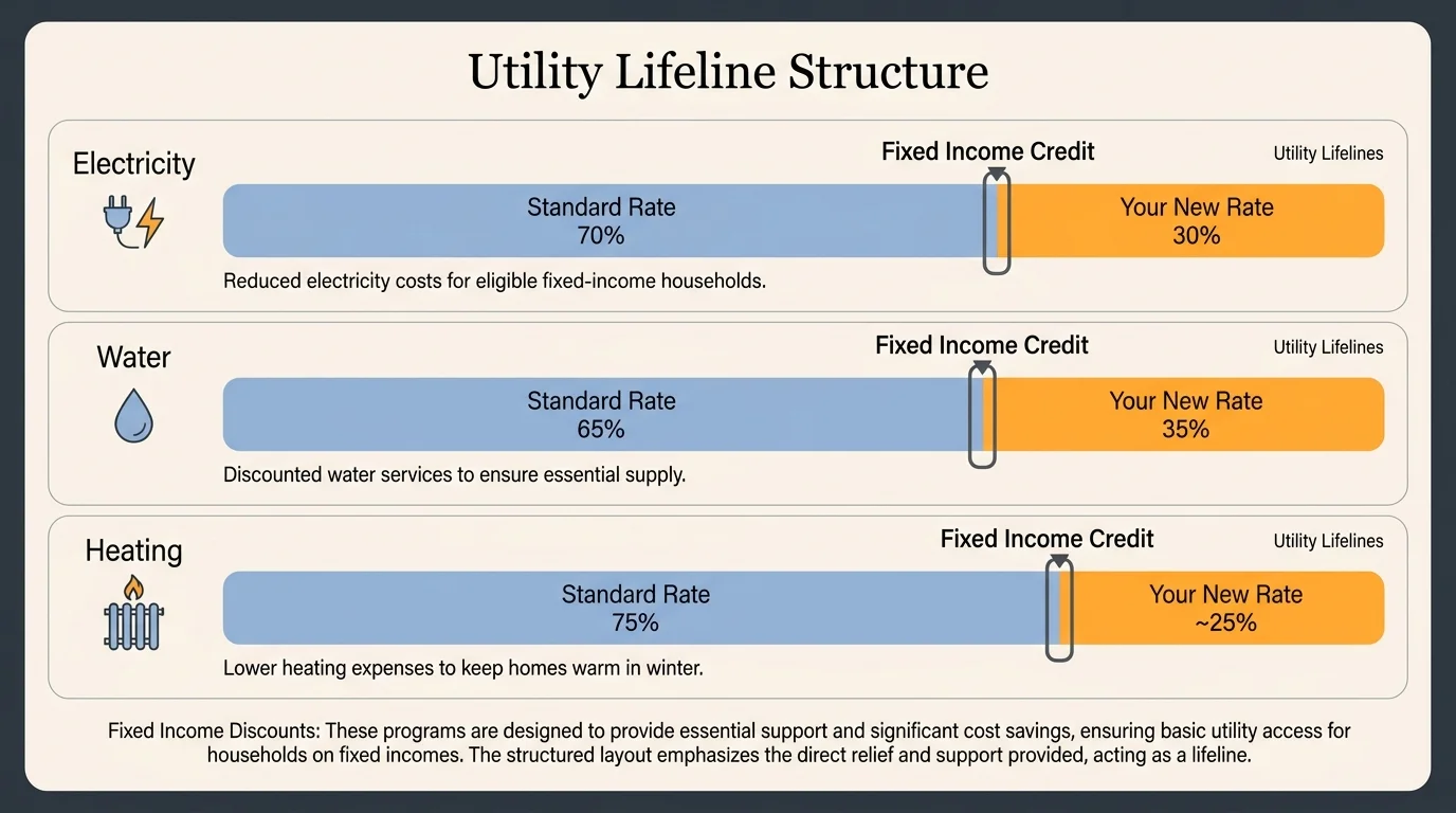 An infographic showing how fixed-income credits reduce the cost of electricity, water, and heating.