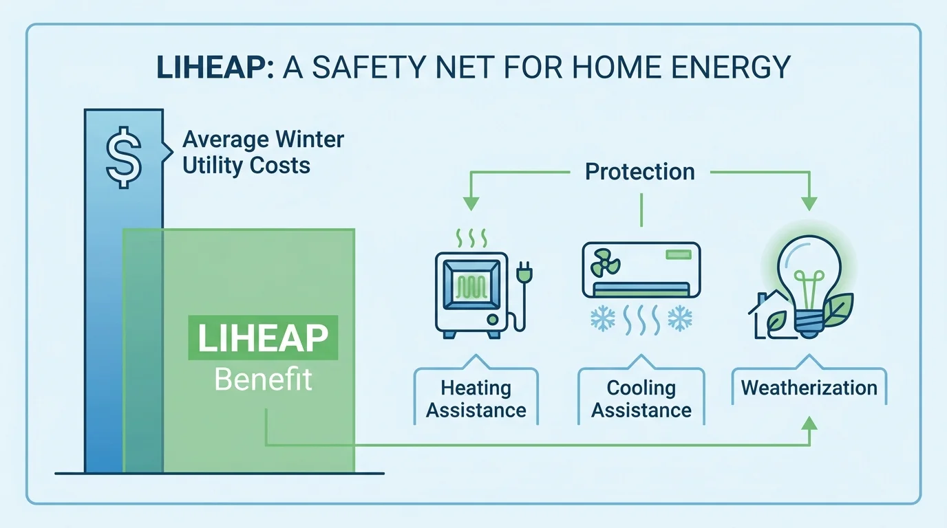 An infographic showing how LIHEAP benefits cover a portion of heating and cooling costs to provide a financial safety net.