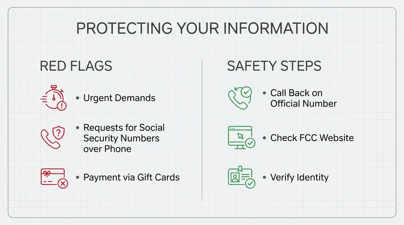 An infographic showing red flags of telecom scams versus safety steps for seniors.
