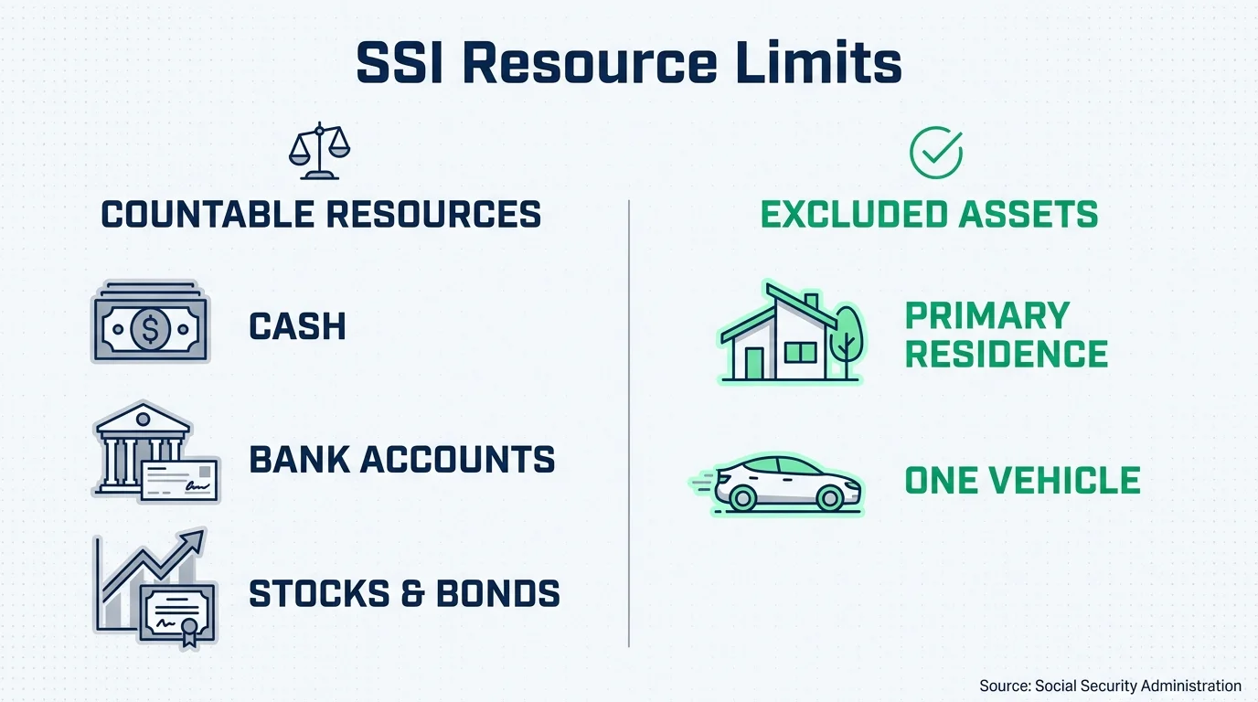 An infographic showing SSI resource limits: countable resources like cash and stocks versus excluded assets like a home and one car.