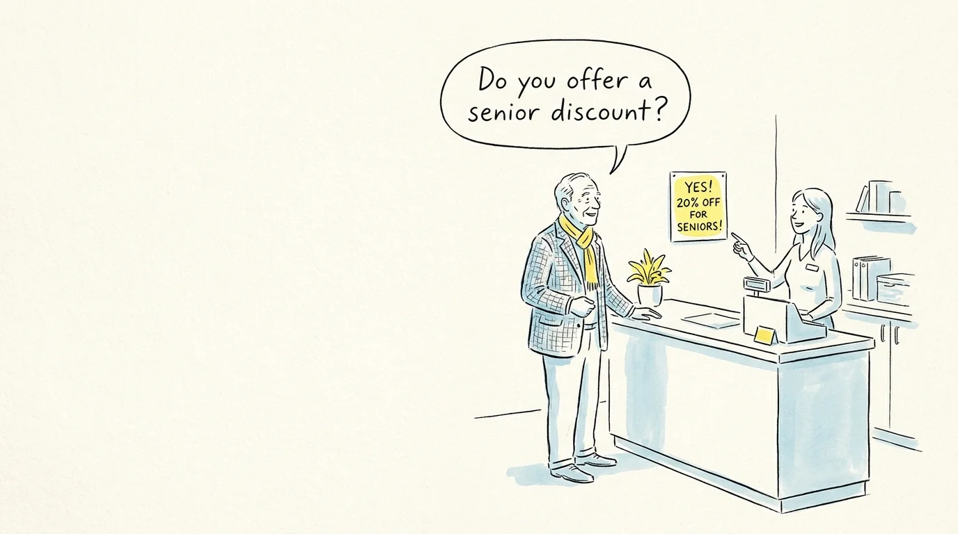 An ink and watercolor drawing of a man asking a cashier about a senior discount, illustrating the power of inquiry.