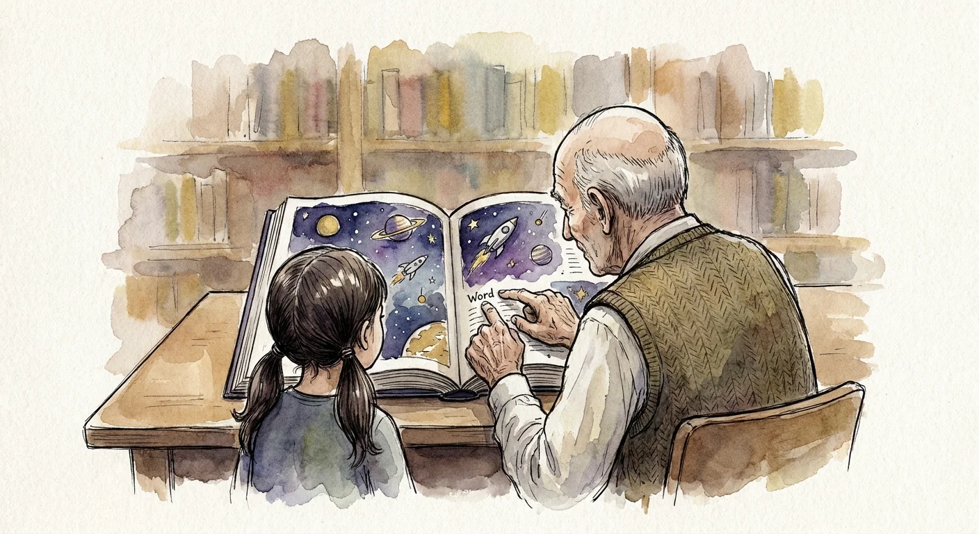 An ink and watercolor drawing of a senior man and a child sitting in a library, both focused on a book about space.