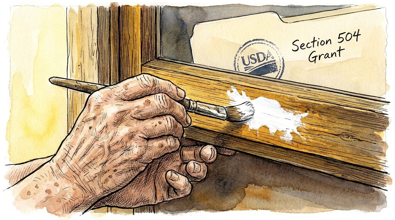 An ink and watercolor drawing of a senior person's hands painting and repairing a wooden window frame.