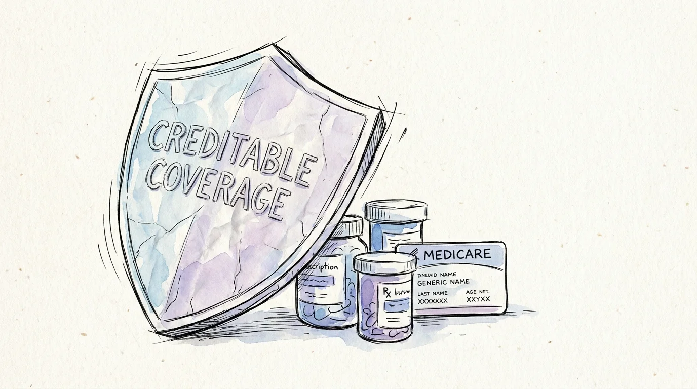 An ink and watercolor illustration of a 'Creditable Coverage' document acting as a shield for prescription medicine.