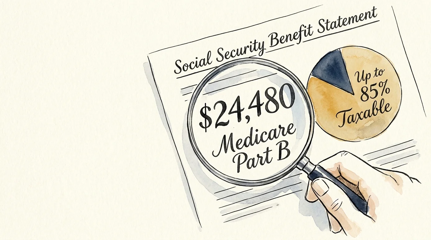 An ink and watercolor illustration of a hand using a magnifying glass to inspect a Social Security SSA-1099 form.