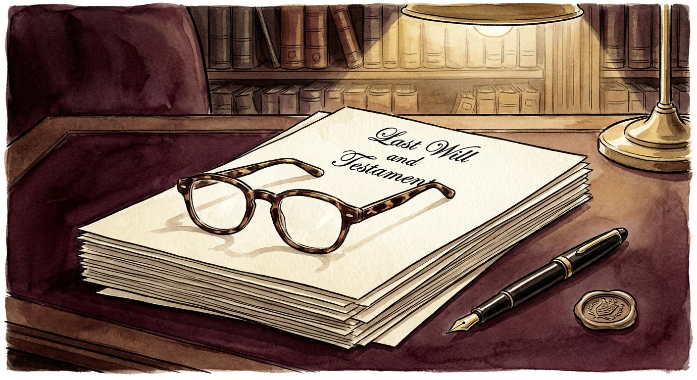 An ink and watercolor illustration of a 'Last Will and Testament' document with reading glasses on a desk.