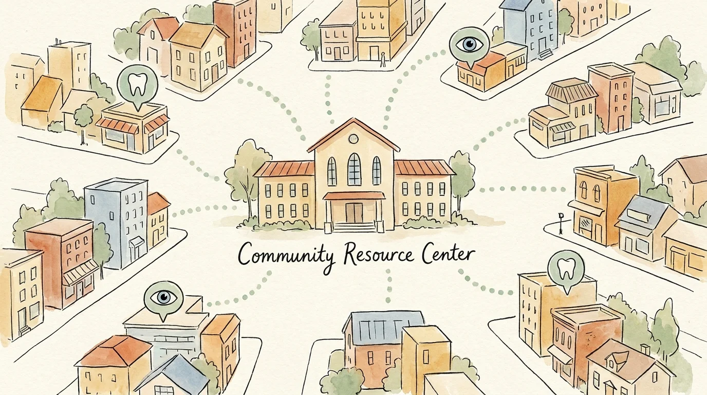 An ink and watercolor illustration of a local community map with icons for dental and vision resources.