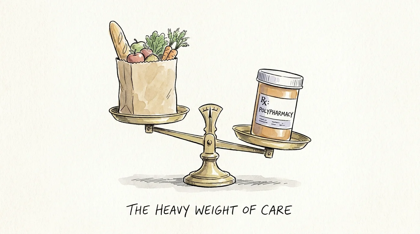 An ink and watercolor illustration of a scale balancing groceries against a medicine bottle, symbolizing the fixed-income struggle.