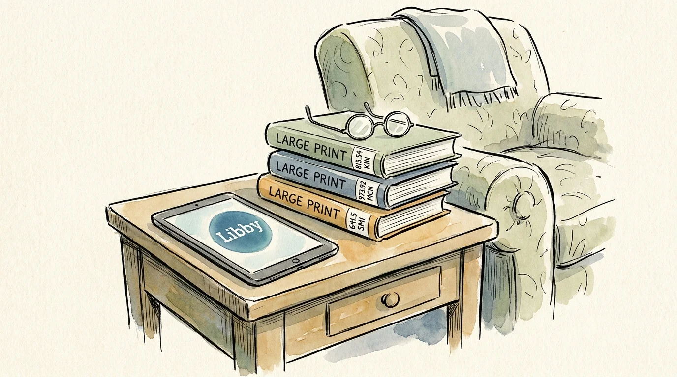 An ink and watercolor illustration of a stack of library books and a tablet showing a digital reading app.