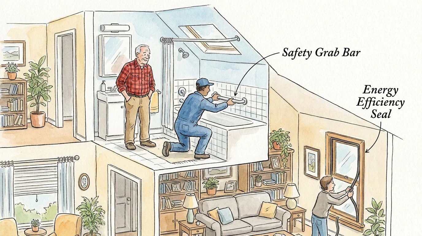 An ink and watercolor illustration showing home safety modifications like grab bars and weatherstripping being installed.