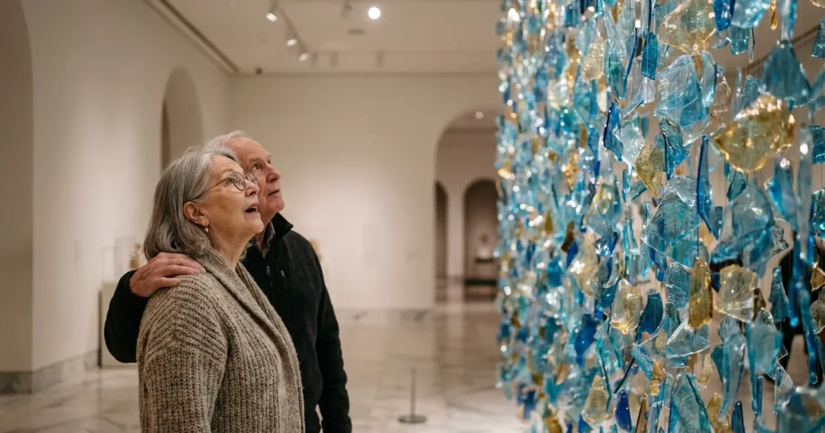 An older couple looking at a large blue and gold glass art installation in a bright, modern museum gallery.