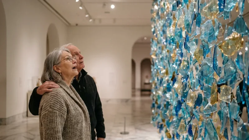An older couple looking at a large blue and gold glass art installation in a bright, modern museum gallery.