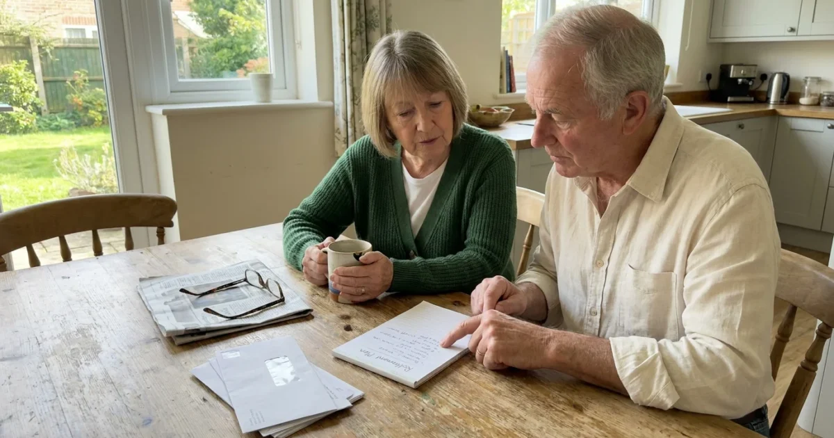An older couple reviews a retirement checklist at a sunlit kitchen table in a warm, domestic setting.