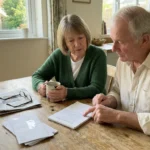 An older couple reviews a retirement checklist at a sunlit kitchen table in a warm, domestic setting.