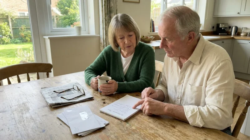 An older couple reviews a retirement checklist at a sunlit kitchen table in a warm, domestic setting.