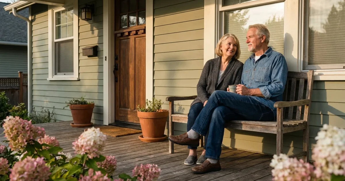 An older couple sits comfortably on their front porch during golden hour, looking at their well-maintained home with peace and security.
