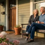 An older couple sits comfortably on their front porch during golden hour, looking at their well-maintained home with peace and security.