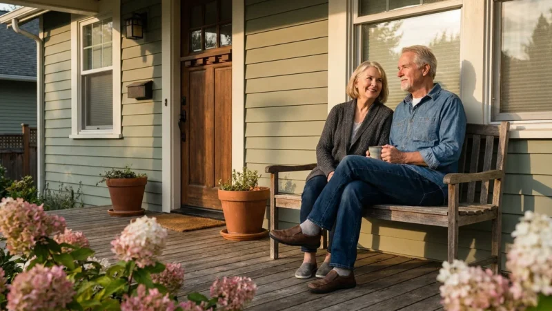 An older couple sits comfortably on their front porch during golden hour, looking at their well-maintained home with peace and security.
