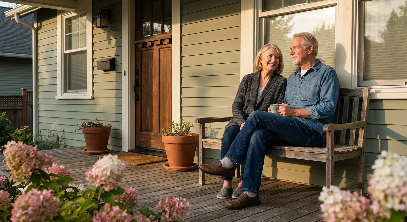 An older couple sits comfortably on their front porch during golden hour, looking at their well-maintained home with peace and security.
