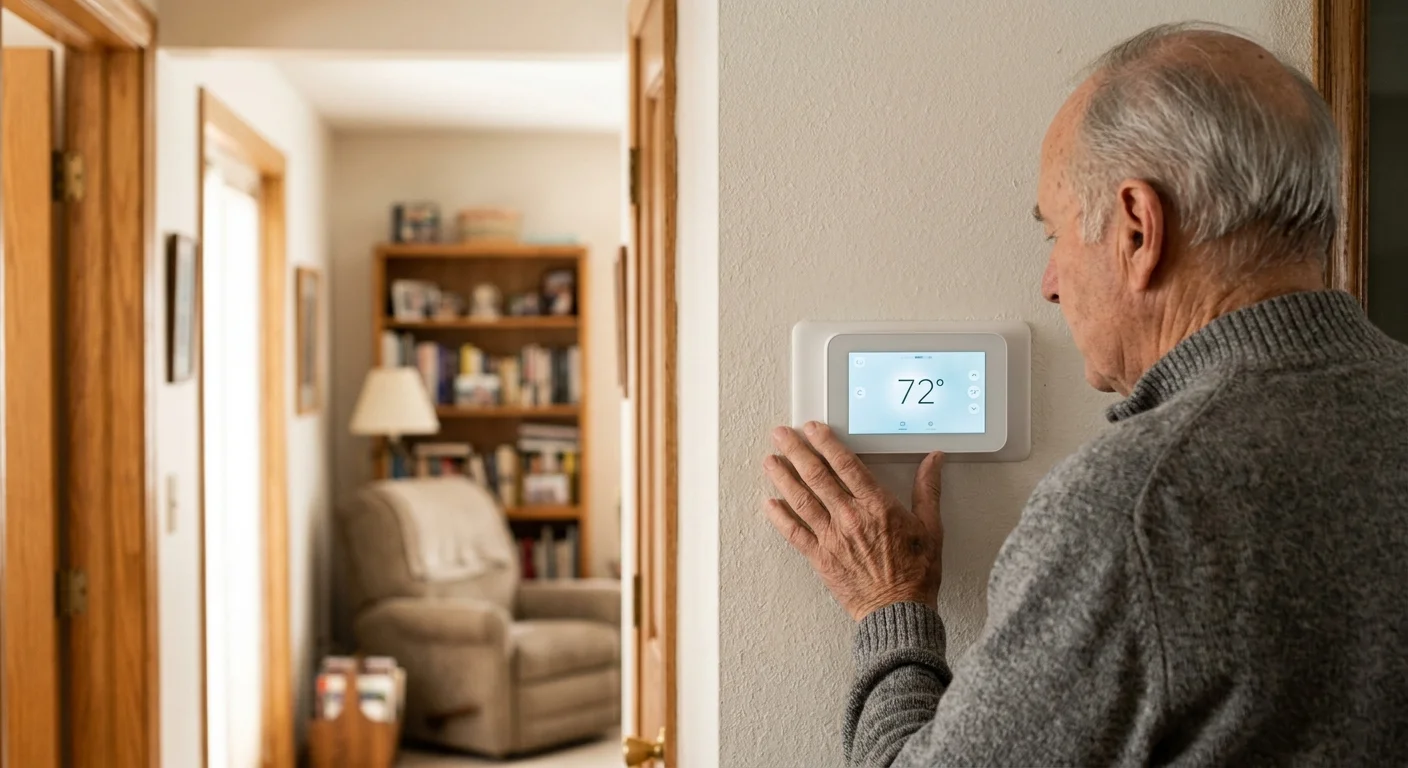 An older man adjusts a new digital thermostat showing 72 degrees, highlighting a modern HVAC upgrade in a comfortable home.