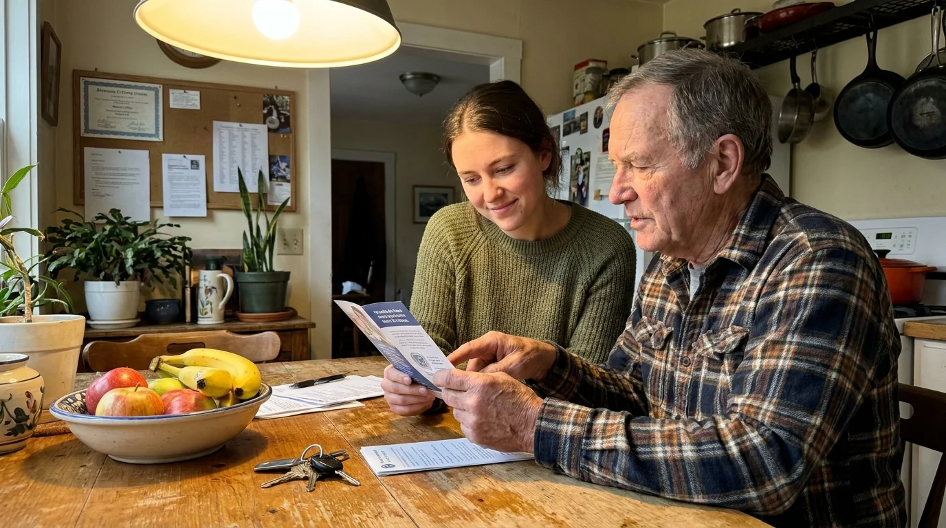 An older man and a community worker review assistance paperwork together at a kitchen table.