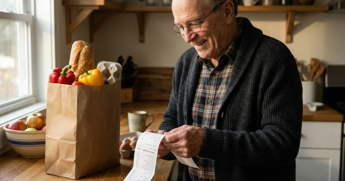 An older man in his kitchen smiling while looking at a grocery receipt that shows a senior discount subtraction.