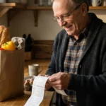 An older man in his kitchen smiling while looking at a grocery receipt that shows a senior discount subtraction.