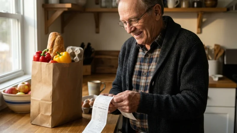 An older man in his kitchen smiling while looking at a grocery receipt that shows a senior discount subtraction.