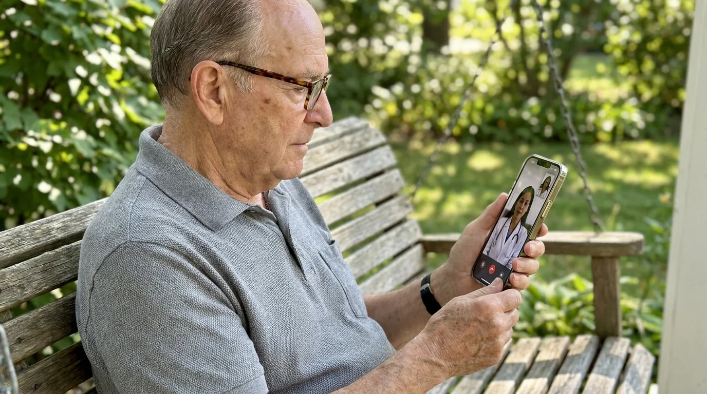 An older man on a porch using his smartphone for a telehealth appointment, representing connectivity.