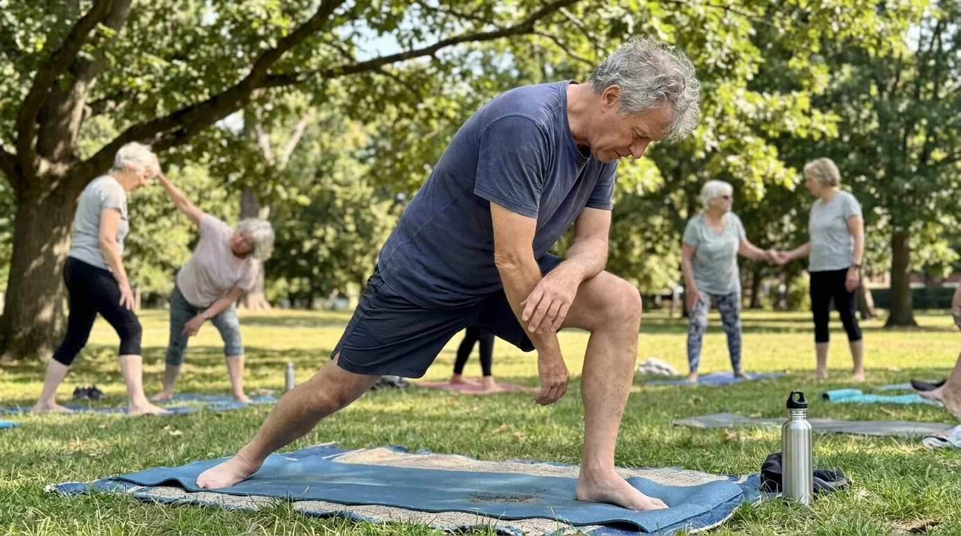 An older man practicing yoga in a sunny park with a group, illustrating free senior wellness programs.