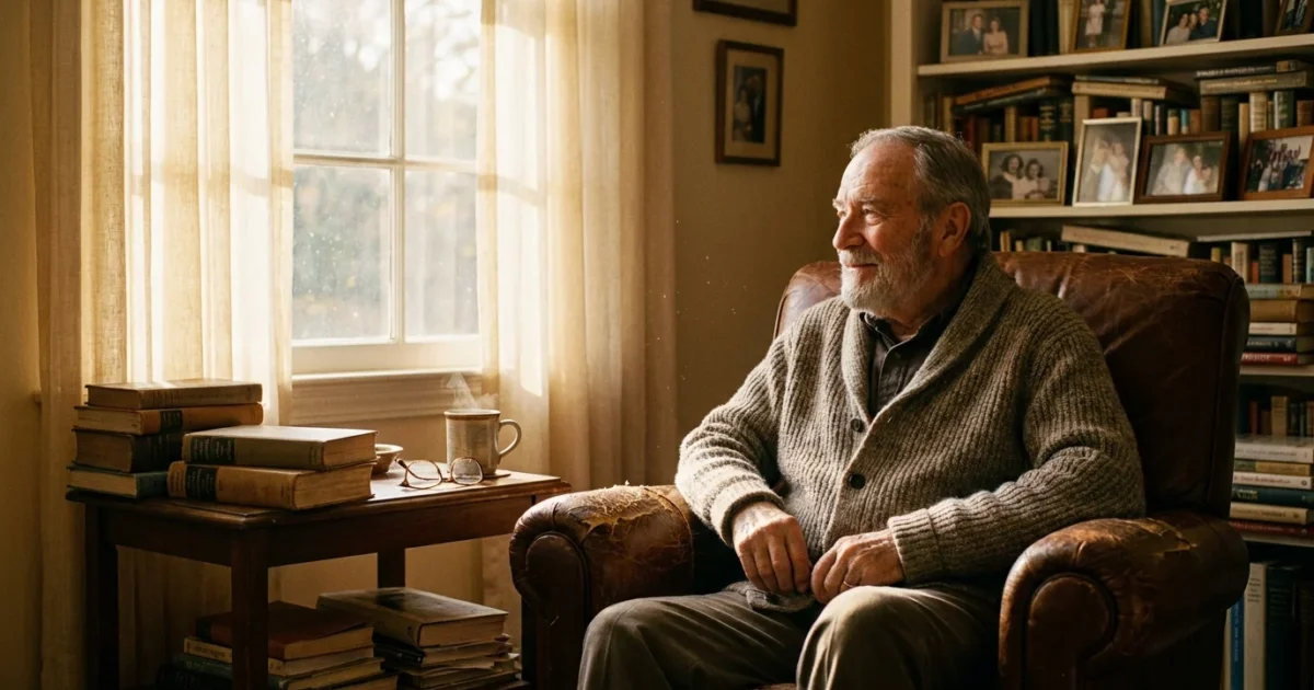 An older man sitting peacefully in his sunlit living room, representing the comfort and dignity of aging in place independently.