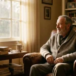 An older man sitting peacefully in his sunlit living room, representing the comfort and dignity of aging in place independently.