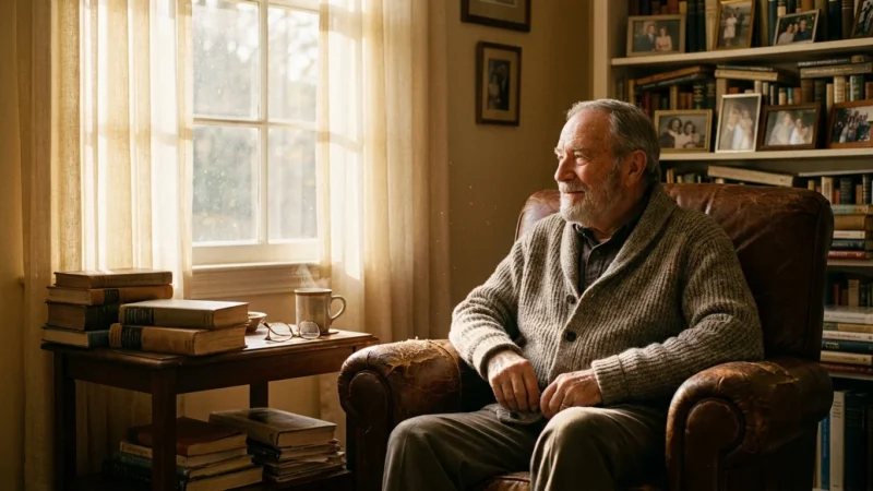 An older man sitting peacefully in his sunlit living room, representing the comfort and dignity of aging in place independently.