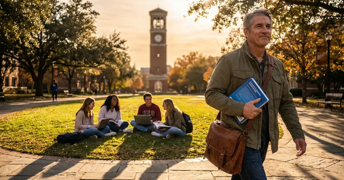 An older man with a messenger bag and textbook walks across a sunny college campus quad filled with students.