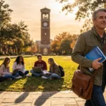 An older man with a messenger bag and textbook walks across a sunny college campus quad filled with students.