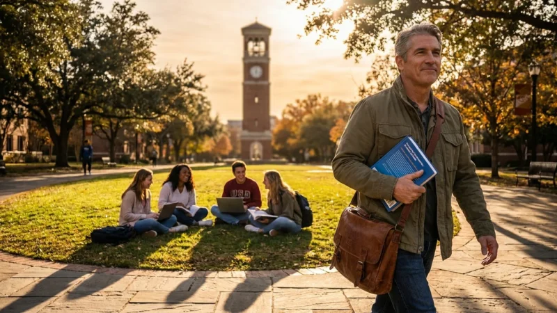 An older man with a messenger bag and textbook walks across a sunny college campus quad filled with students.