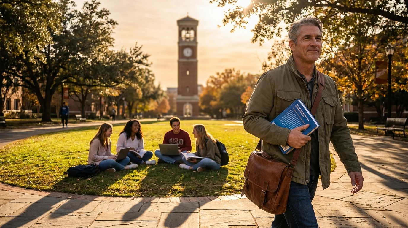 An older man with a messenger bag and textbook walks across a sunny college campus quad filled with students.