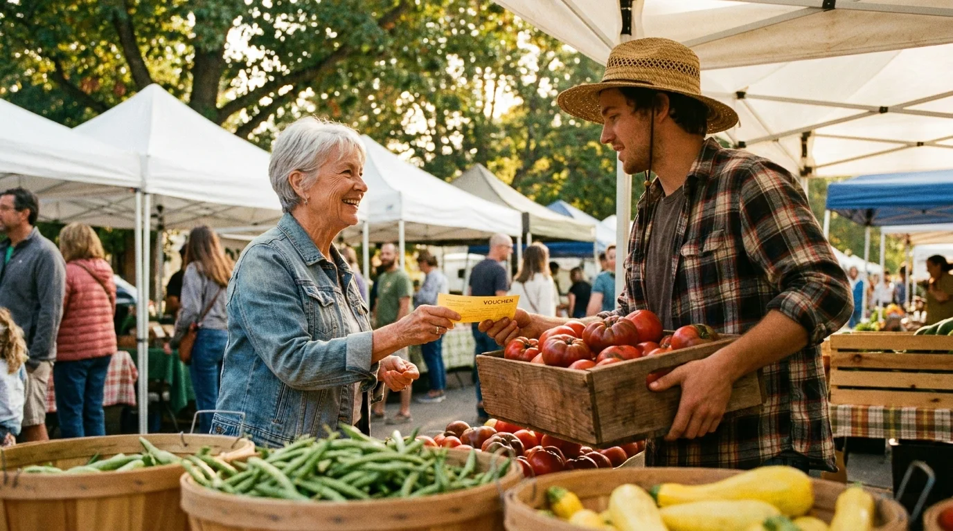 An older woman at a sunlit farmers market exchanging a nutrition voucher for fresh tomatoes with a farmer.