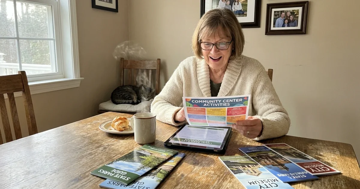 An older woman in a sunlit kitchen happily reviewing community center flyers and a tablet for local senior park passes.