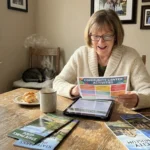 An older woman in a sunlit kitchen happily reviewing community center flyers and a tablet for local senior park passes.