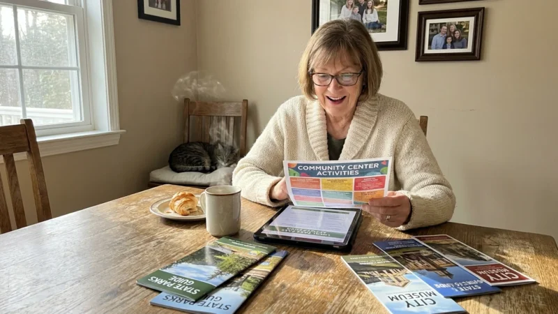 An older woman in a sunlit kitchen happily reviewing community center flyers and a tablet for local senior park passes.