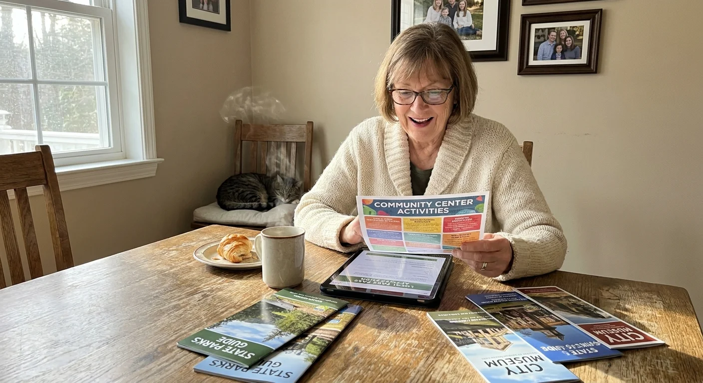 An older woman in a sunlit kitchen happily reviewing community center flyers and a tablet for local senior park passes.