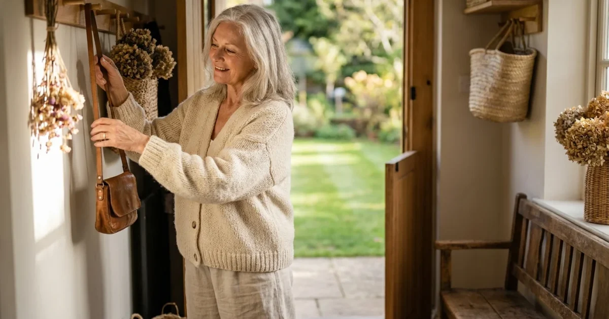 An older woman in a sunlit room smiles as she prepares to head out for the day, symbolizing senior independence and mobility.