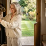 An older woman in a sunlit room smiles as she prepares to head out for the day, symbolizing senior independence and mobility.